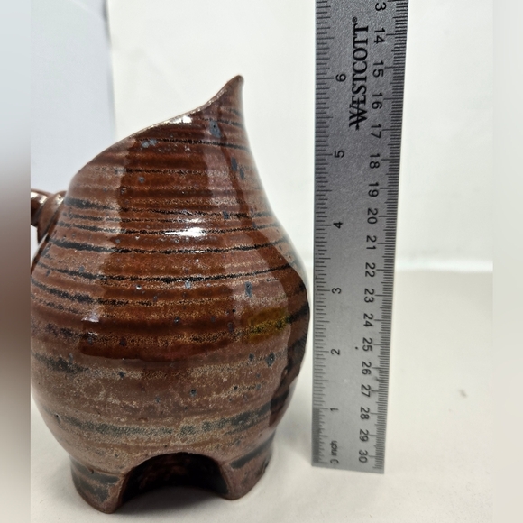 Studio Pottery Art Flower Vase With Handle Heavy Painted Black & Brown Glazed - Picture 8 of 10